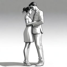 The high-quality digital art image illustrates a petite woman hugging the arm of a much taller man, with their extreme height difference being a prominent feature