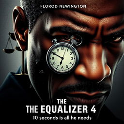 A creative poster concept for 'The Equalizer 4 (2025),' showcasing a close-up of Denzel Washington's face, deeply scarred yet determined
