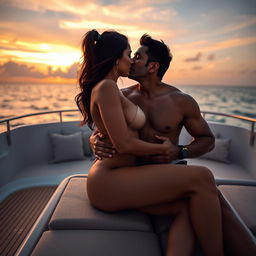 An intimate scene on a luxurious yacht featuring a woman resembling Shobhita Rana, completely naked with a hint of her side boob
