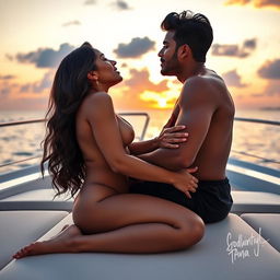 An intimate scene on a luxurious yacht featuring a woman resembling Shobhita Rana, completely naked with a hint of her side boob