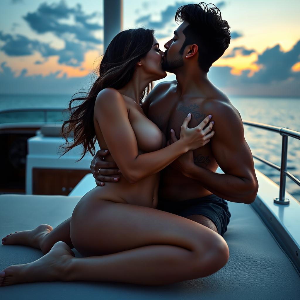 An intimate scene on a luxurious yacht featuring a woman resembling Shobhita Rana, completely naked with a hint of her side boob