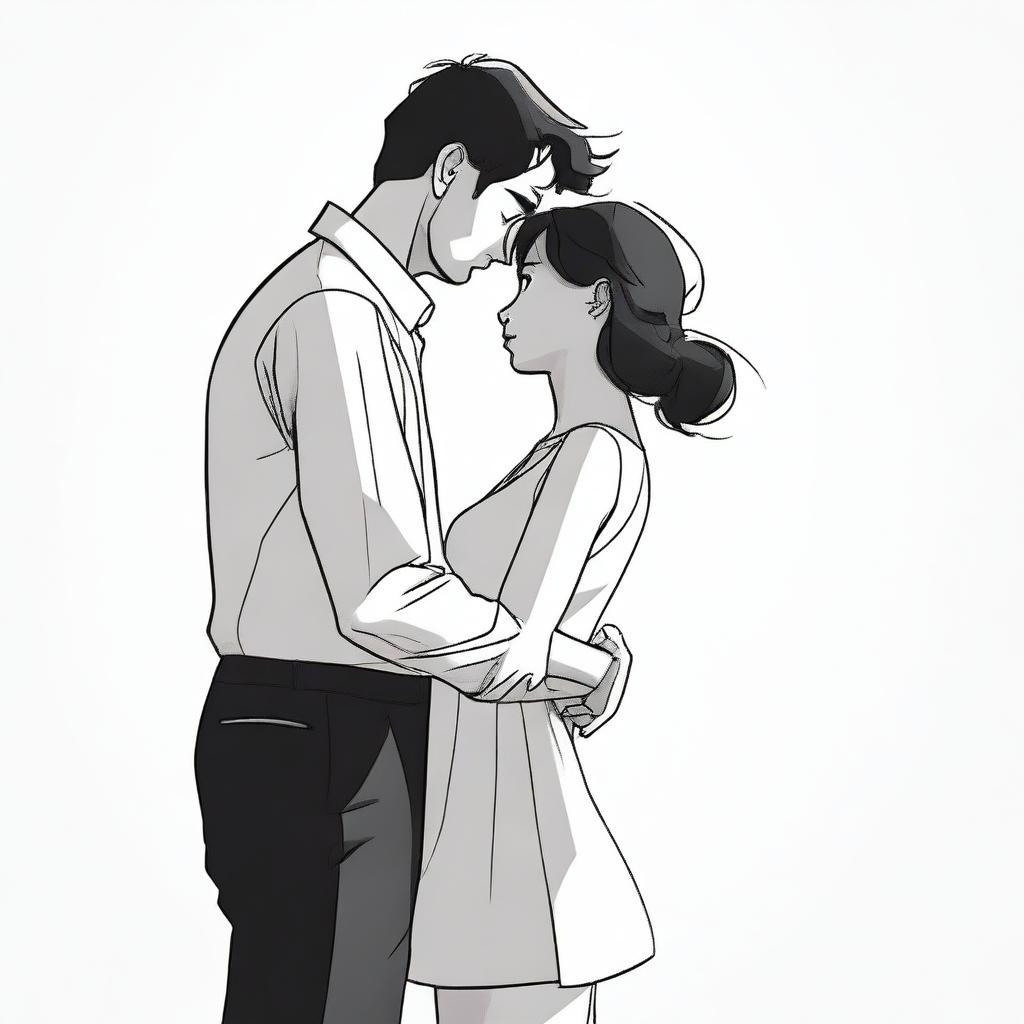 The digital art image portrays a petite woman hugging the arm of a much taller man, both facing forward