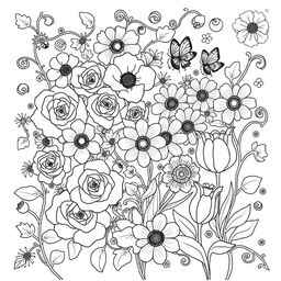 A beautiful floral coloring book page featuring a variety of intricate flowers such as roses, daisies, and tulips, each with detailed patterns in their petals and leaves