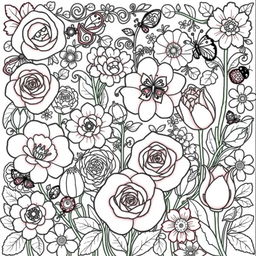 A beautiful floral coloring book page featuring a variety of intricate flowers such as roses, daisies, and tulips, each with detailed patterns in their petals and leaves