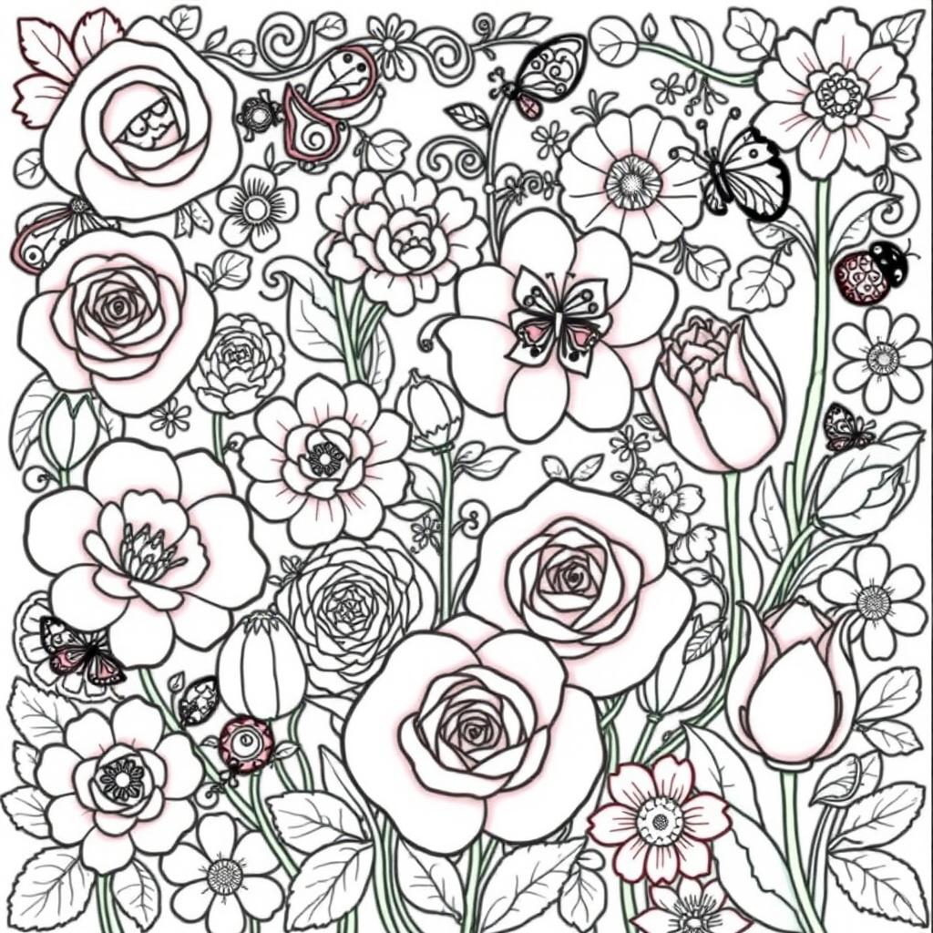 A beautiful floral coloring book page featuring a variety of intricate flowers such as roses, daisies, and tulips, each with detailed patterns in their petals and leaves