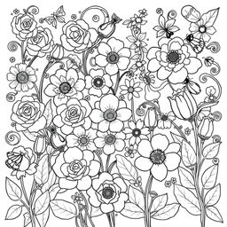 A beautiful floral coloring book page featuring a variety of intricate flowers such as roses, daisies, and tulips, each with detailed patterns in their petals and leaves