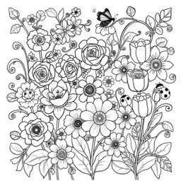 A beautiful floral coloring book page featuring a variety of intricate flowers such as roses, daisies, and tulips, each with detailed patterns in their petals and leaves