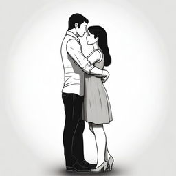 The digital art image portrays a petite woman hugging the arm of a much taller man, both facing forward