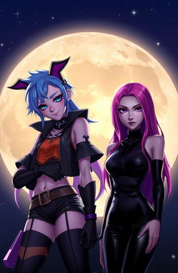 A vibrant night scene featuring Jinx and Isha from Arcane, illuminated by a large, full moon in the background