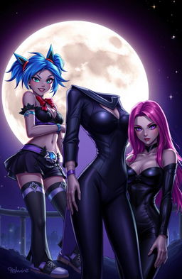 A vibrant night scene featuring Jinx and Isha from Arcane, illuminated by a large, full moon in the background