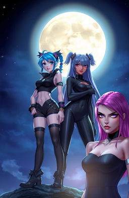 A vibrant night scene featuring Jinx and Isha from Arcane, illuminated by a large, full moon in the background
