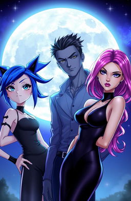 A vibrant night scene featuring Jinx and Isha from Arcane, illuminated by a large, full moon in the background