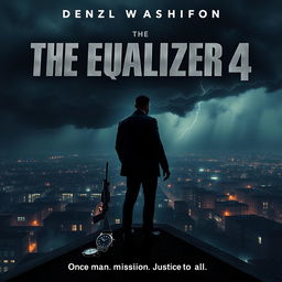 An epic movie poster concept for 'The Equalizer 4 (2025),' featuring Denzel Washington as Robert McCall
