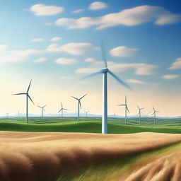 The image is a high-quality digital art representation of a landscape dominated by wind turbines, symbolizing the importance and potential of wind energy