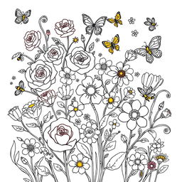 A whimsical and vibrant flower coloring book page filled with intricate floral designs