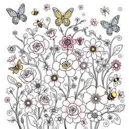 A whimsical and vibrant flower coloring book page filled with intricate floral designs