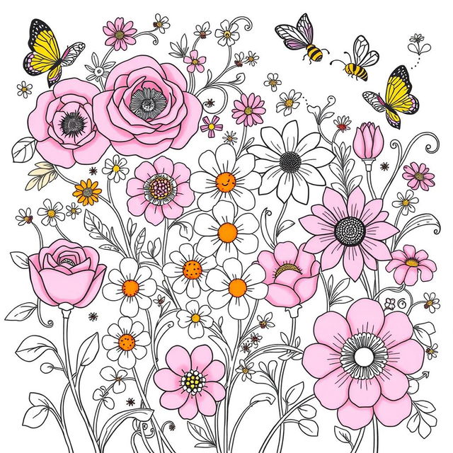 A whimsical and vibrant flower coloring book page filled with intricate floral designs