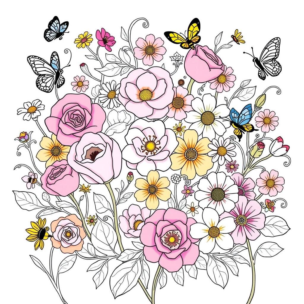 A whimsical and vibrant flower coloring book page filled with intricate floral designs