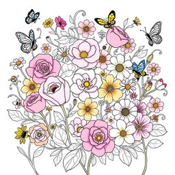 A whimsical and vibrant flower coloring book page filled with intricate floral designs