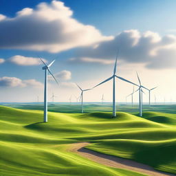 The image is a high-quality digital art representation of a landscape dominated by wind turbines, symbolizing the importance and potential of wind energy