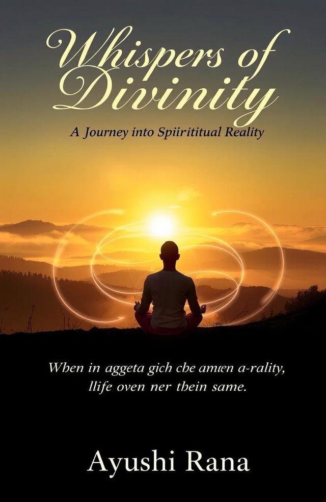 A book cover for "Whispers of Divinity: A Journey into Spiritual Reality" featuring a serene landscape with a golden sunrise illuminating misty hills in the background