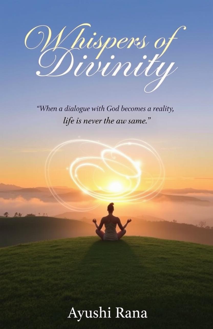 A book cover for "Whispers of Divinity: A Journey into Spiritual Reality" featuring a serene landscape with a golden sunrise illuminating misty hills in the background