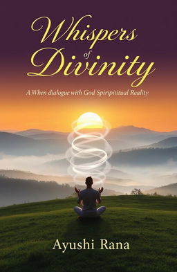 A book cover for "Whispers of Divinity: A Journey into Spiritual Reality" featuring a serene landscape with a golden sunrise illuminating misty hills in the background