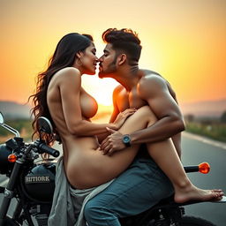 An intimate scene on a motorcycle featuring a woman resembling Ruhi Singh, completely naked with a glimpse of her side boob