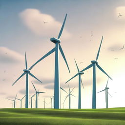 The image is a high-quality digital art representation of a landscape dominated by wind turbines, symbolizing the importance and potential of wind energy