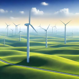 The image is a high-quality digital art representation of a landscape dominated by wind turbines, symbolizing the importance and potential of wind energy