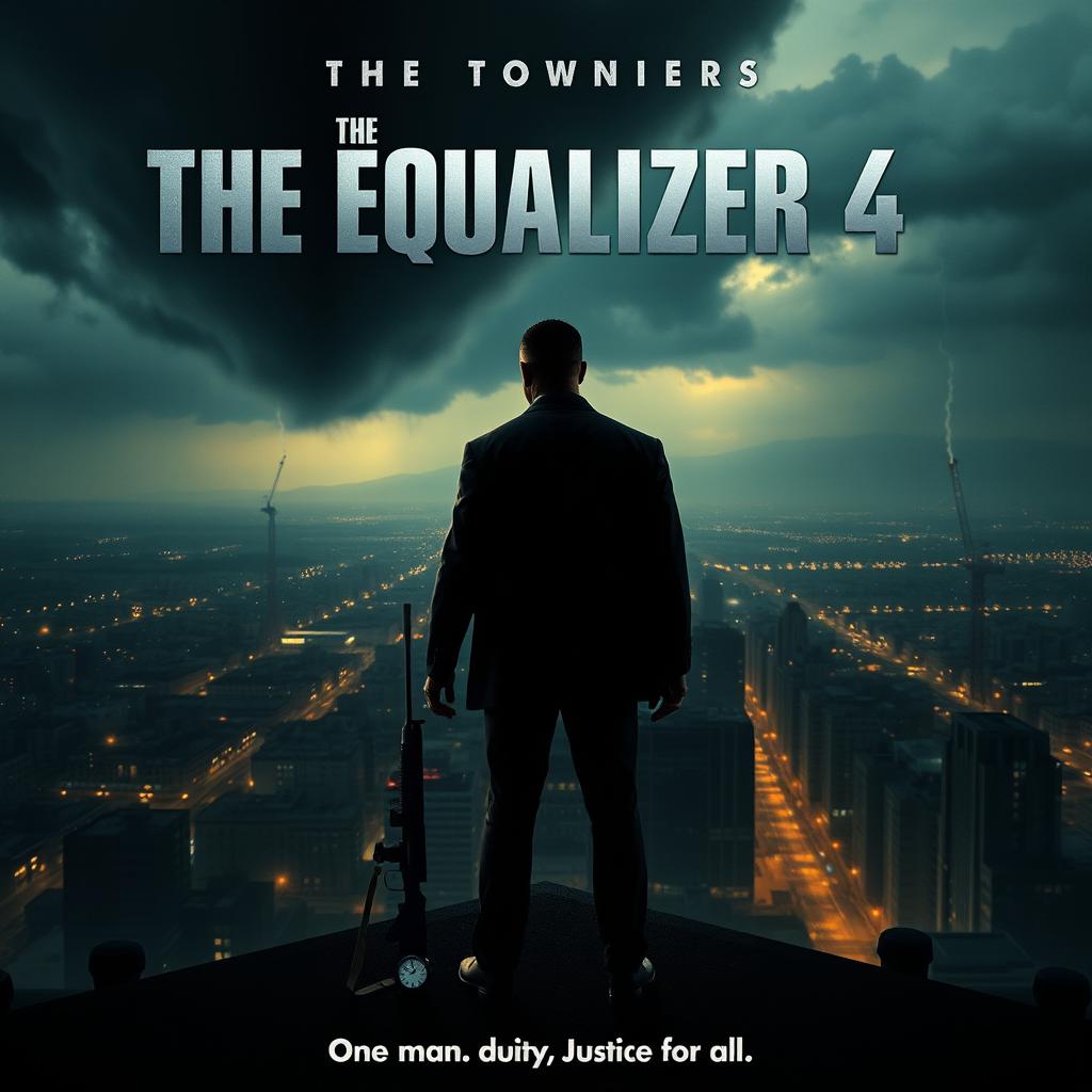 An epic movie poster concept for 'The Equalizer 4 (2025),' featuring Denzel Washington as Robert McCall