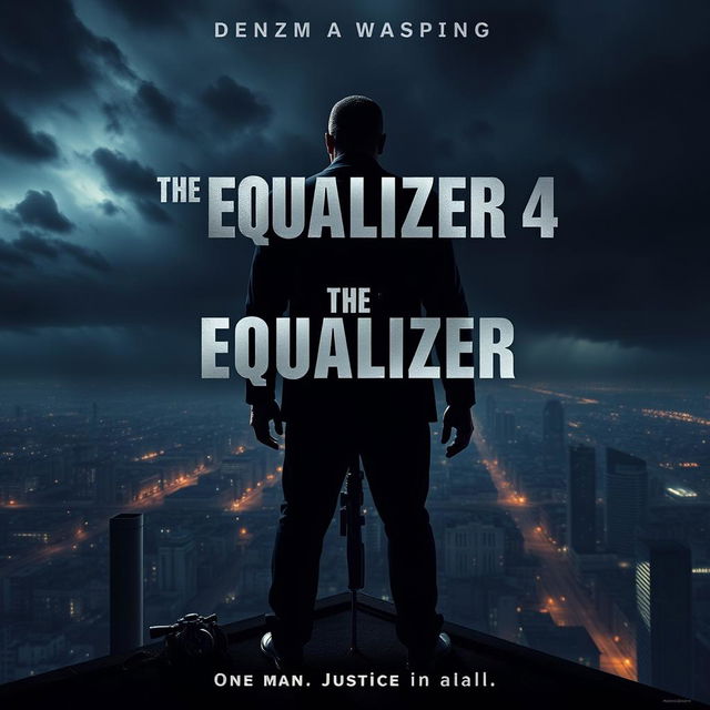 An epic movie poster concept for 'The Equalizer 4 (2025),' featuring Denzel Washington as Robert McCall