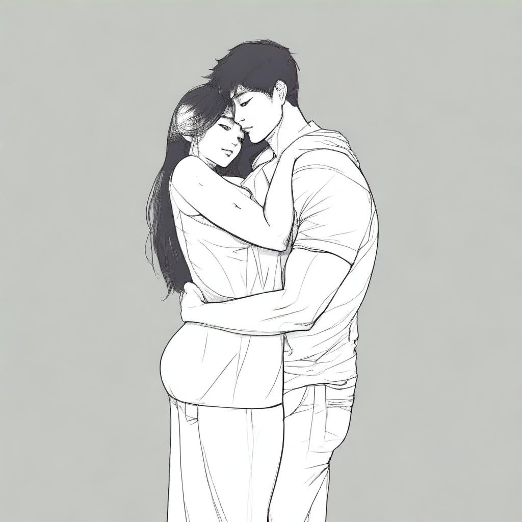 The digital art image depicts a very short, busty petite woman hugging the arm of a much taller man, both facing forward