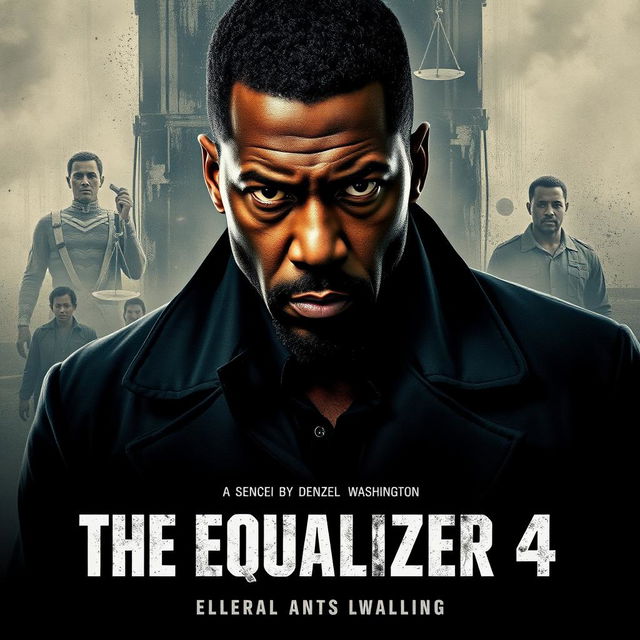 A striking movie poster concept for 'The Equalizer 4 (2025),' featuring Denzel Washington as Robert McCall