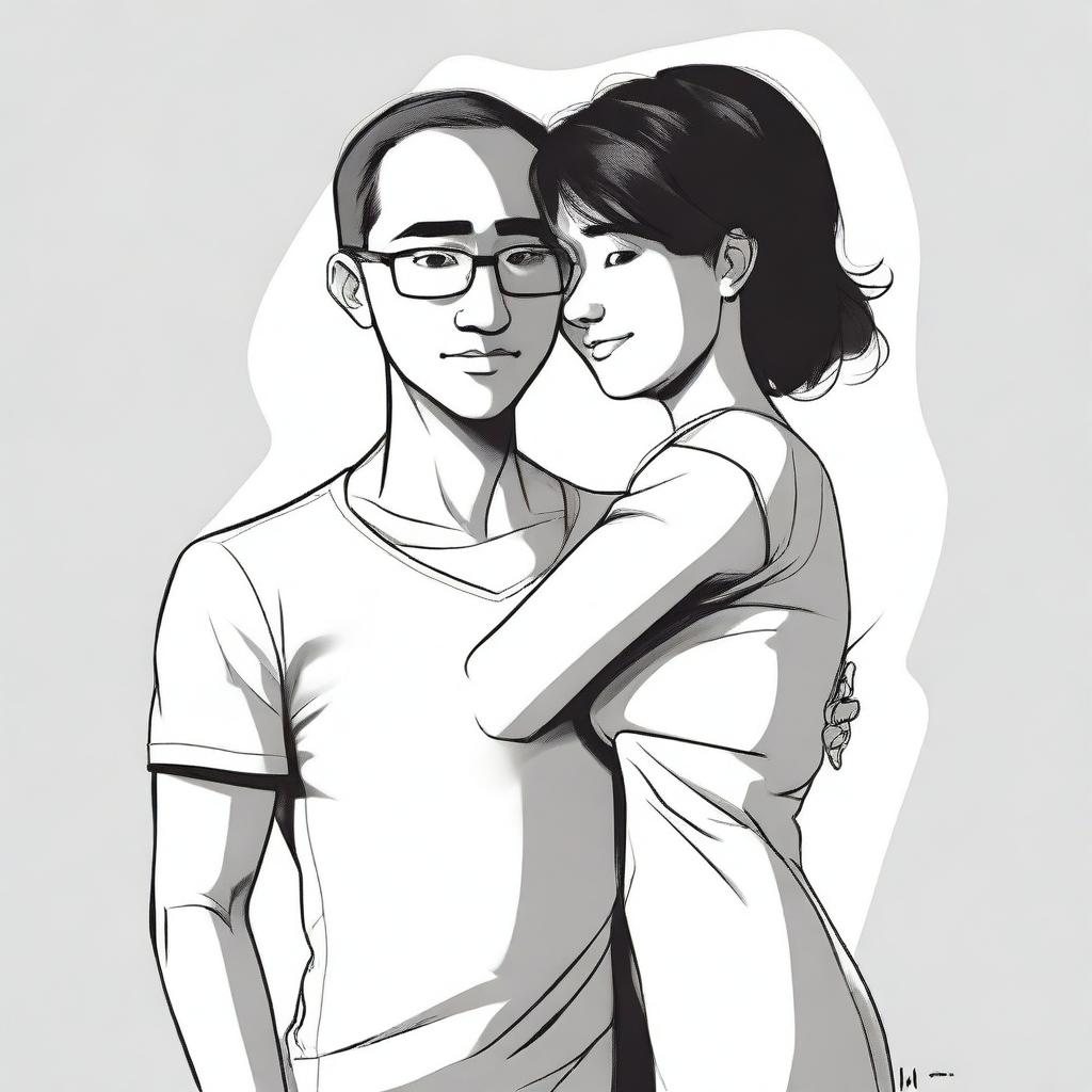 The digital art image depicts a very short, busty petite woman hugging the arm of a much taller man, both facing forward