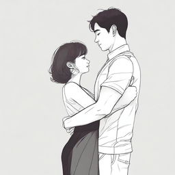 The digital art image depicts a very short, busty petite woman hugging the arm of a much taller man, both facing forward