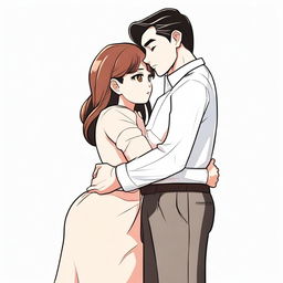 The digital art image depicts a very short, busty petite woman hugging the arm of a much taller man, both facing forward