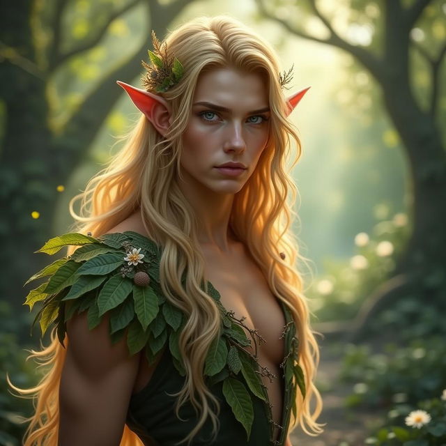 A striking fae male with flowing golden hair, radiant bronze skin, and captivating dark blue eyes