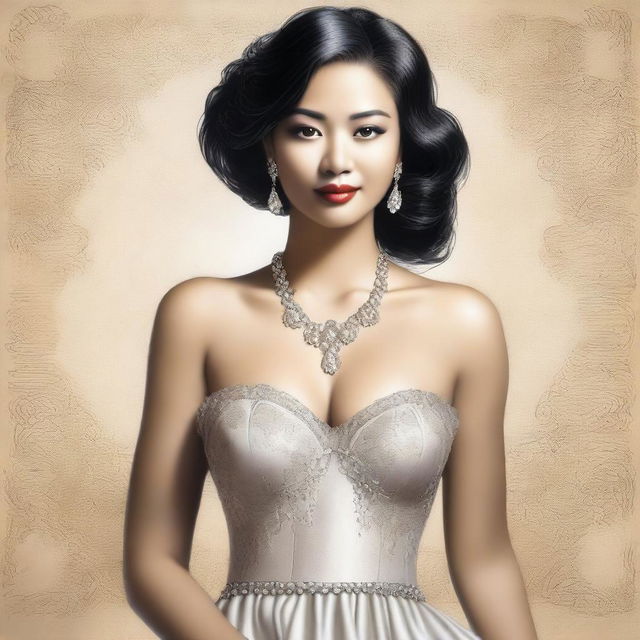 The digital art image features a very short, busty petite woman wearing a strapless dress and a necklace, with meticulous detailing