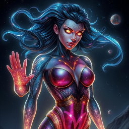 Imagine a powerful mutant with the name "Nebula Flux," featuring shimmering cosmic energy flowing through their body, with a dark starry background