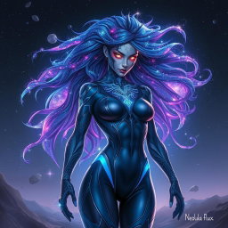 Imagine a powerful mutant with the name "Nebula Flux," featuring shimmering cosmic energy flowing through their body, with a dark starry background