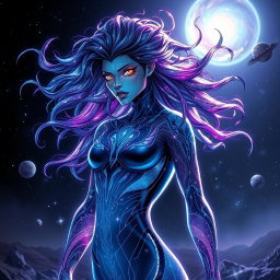 Imagine a powerful mutant with the name "Nebula Flux," featuring shimmering cosmic energy flowing through their body, with a dark starry background