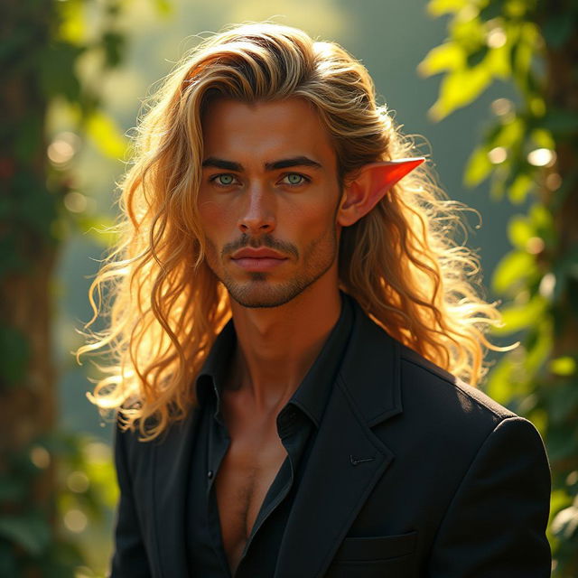 A captivating man with flowing golden hair, radiant bronze skin, and striking dark blue eyes