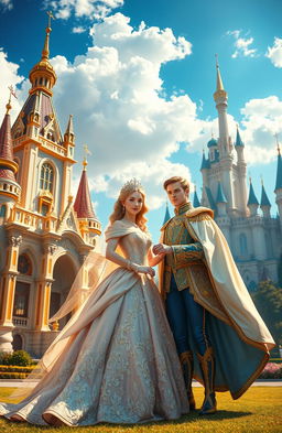 A fantastical scene featuring two grand palaces, one on the left and one on the right, showcasing intricate architectural designs with spires and vibrant colors