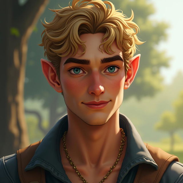 A realistic portrait of a man with short, curly golden hair, rich bronzed skin, and vivid dark blue eyes