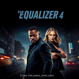 An electrifying movie poster for 'The Equalizer 4 (2025)', featuring John David Washington and Dakota Fanning in prominent roles