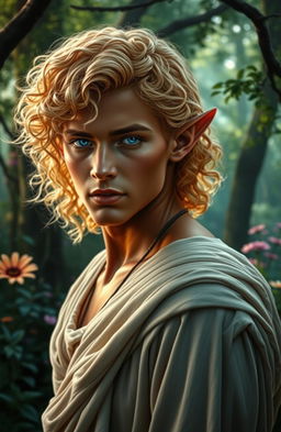 An elven male with luxurious curly golden hair, radiant bronzed skin, and strikingly dark blue eyes that shimmer with depth and mystery