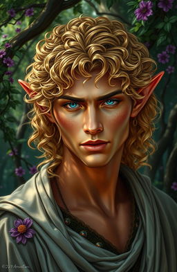 An elven male with luxurious curly golden hair, radiant bronzed skin, and strikingly dark blue eyes that shimmer with depth and mystery