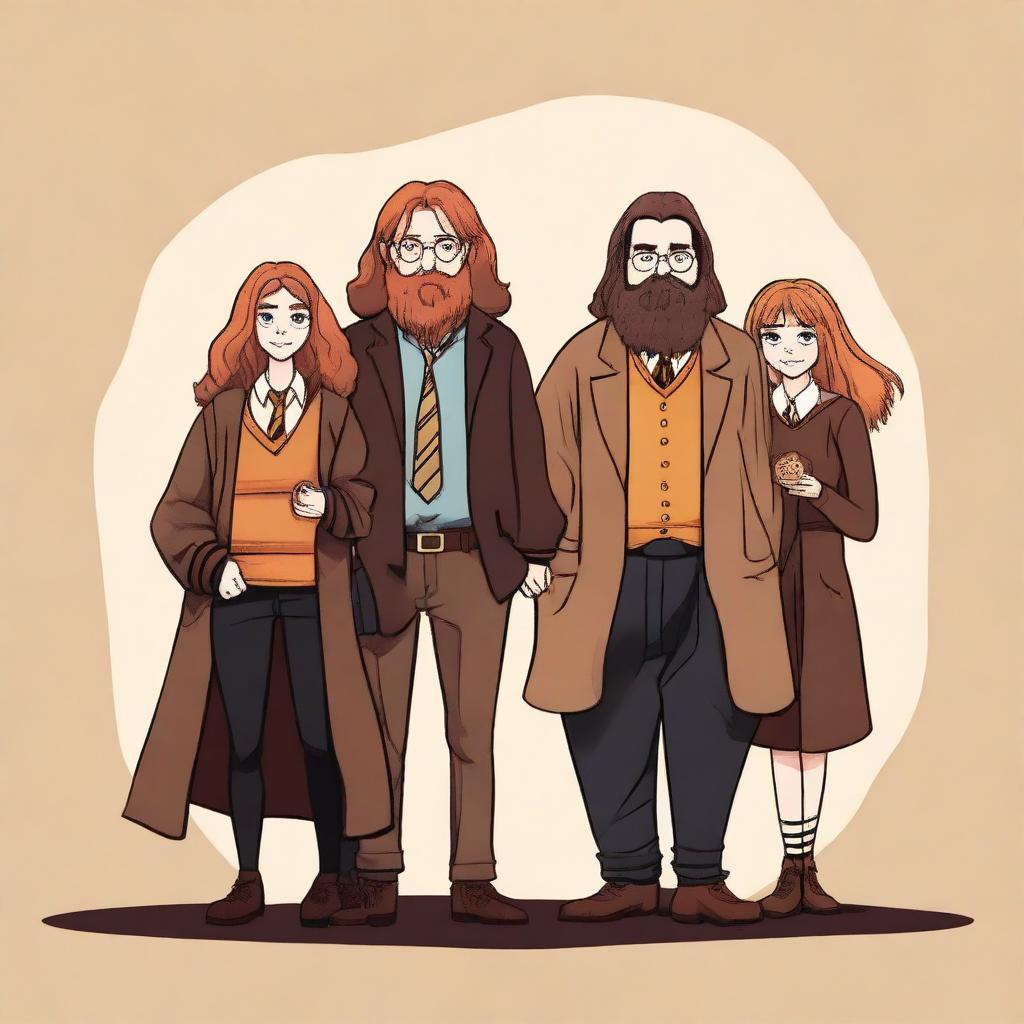 High-quality digital art featuring Harry Potter, Ron Weasley, Hermione Granger, and Hagrid, set in Hogwarts