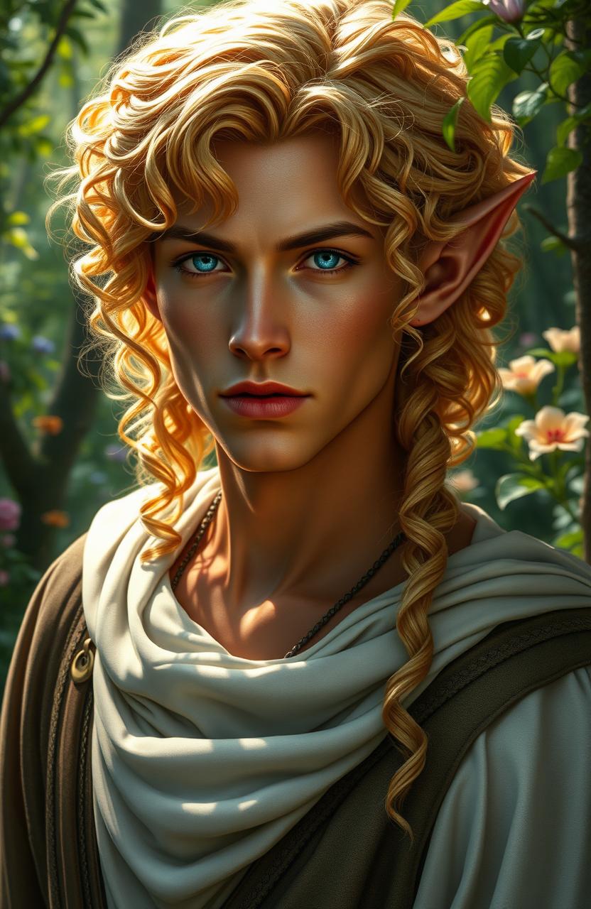 An elven male with luxurious curly golden hair, radiant bronzed skin, and strikingly dark blue eyes that shimmer with depth and mystery